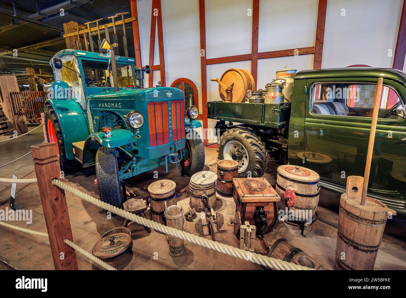 Hanomag R 40 tractor 1942-1951 and butter churns, Car and Tractor Museum Lake Constance, Gebhardsweiler, municipality of Uhldingen-Muehlhofen in the Stock Photo