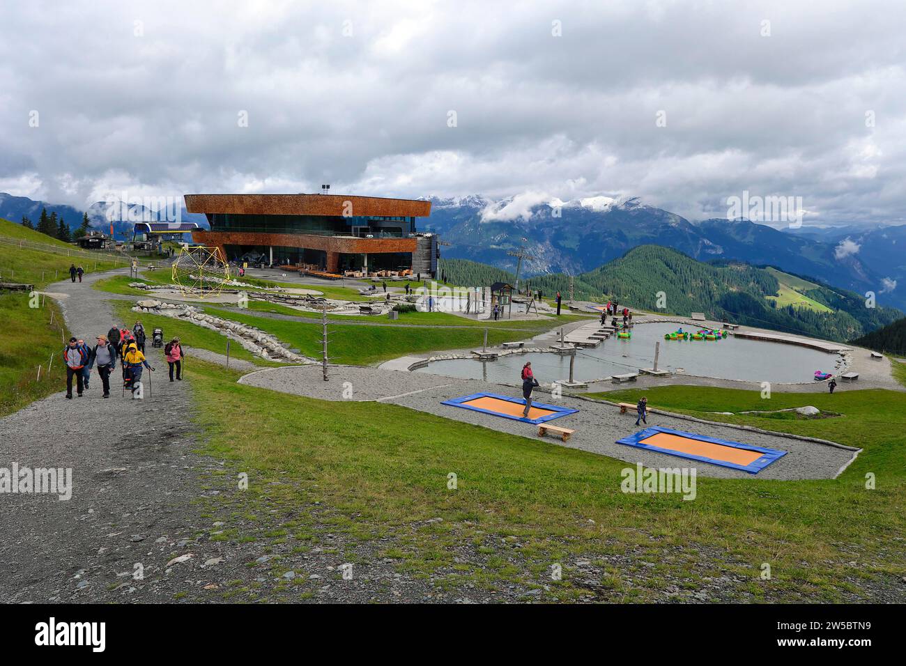 Spieljochbahn mountain station with water park, Fuegen, Tyrol, Austria Stock Photo