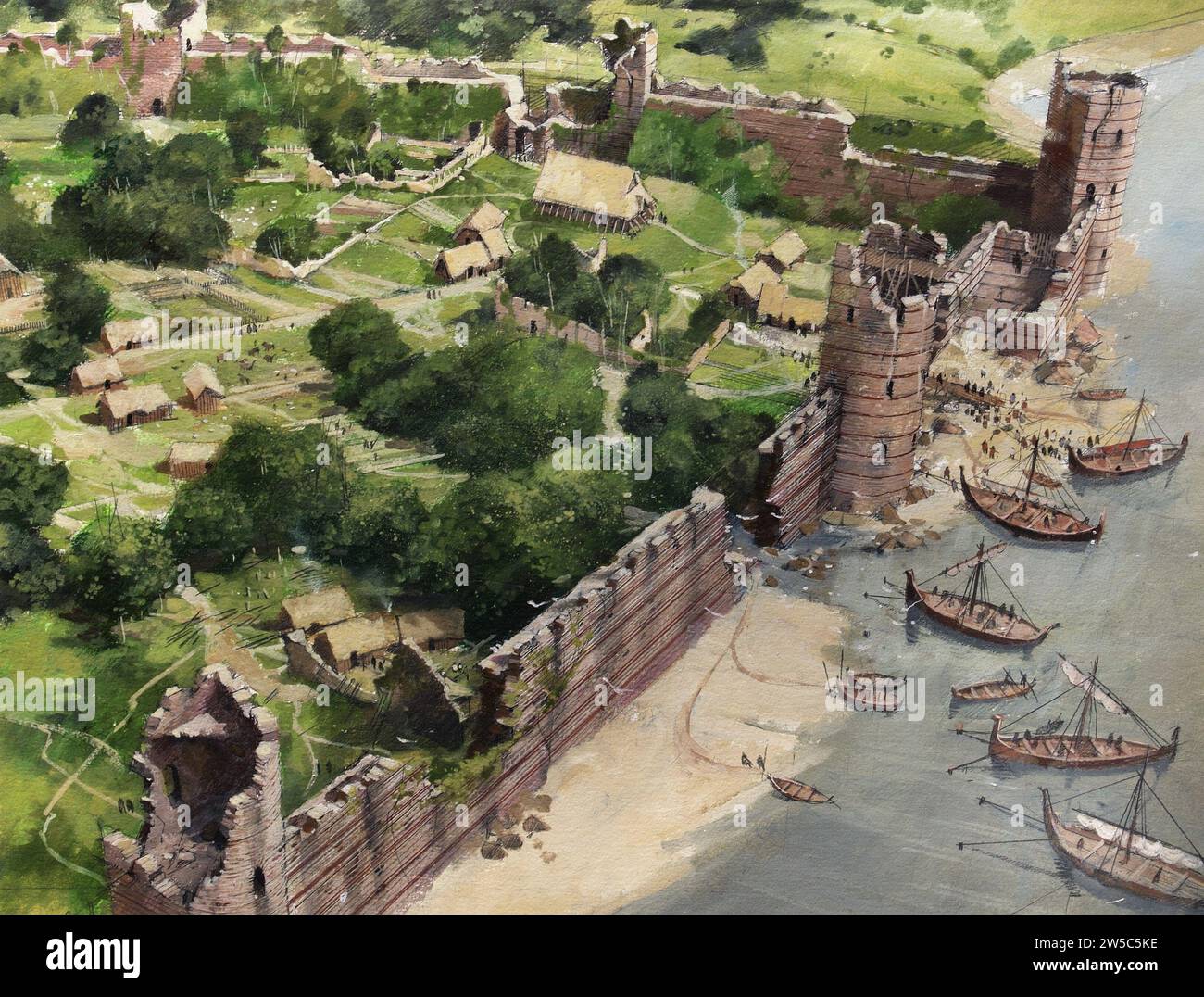 Painting of the Tower of London site in AD 886 Stock Photo