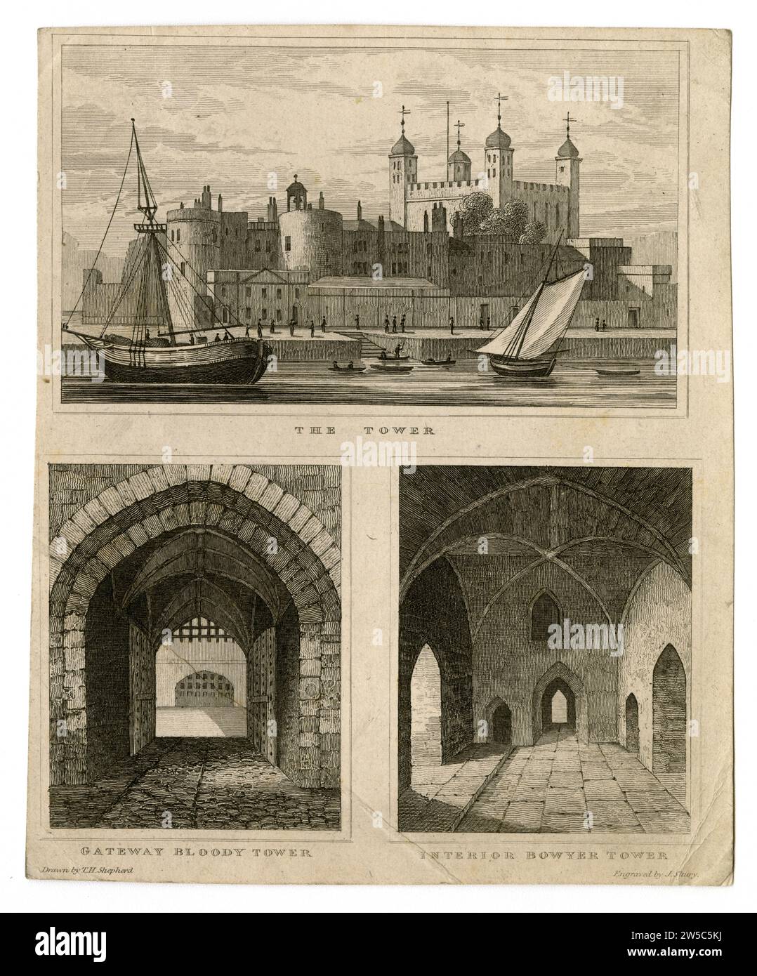 Views of the Tower of London, entitled, 'The Tower, Gateway Bloody Tower and Interior Bowyer Tower,' Engraved by J. Shury, after T. H. Shepherd Stock Photo