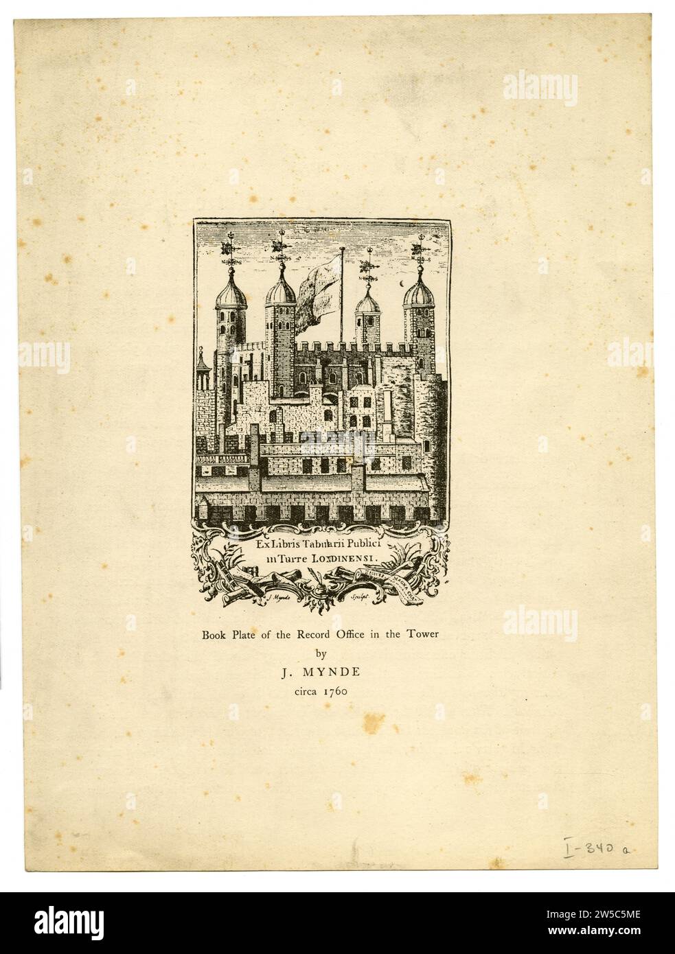 Engraved bookplate of the Record Office in the Tower of London, designed 1760, London, Britain, by J.Mynde Stock Photo