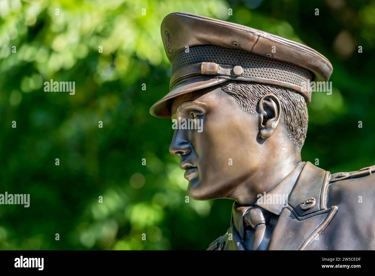 Bronze statue, monument to rock singer Elvis Presley, King of Rock 'n' Roll as a soldier in uniform of the 3rd US Armoured Division Spearhead, bridge Stock Photo