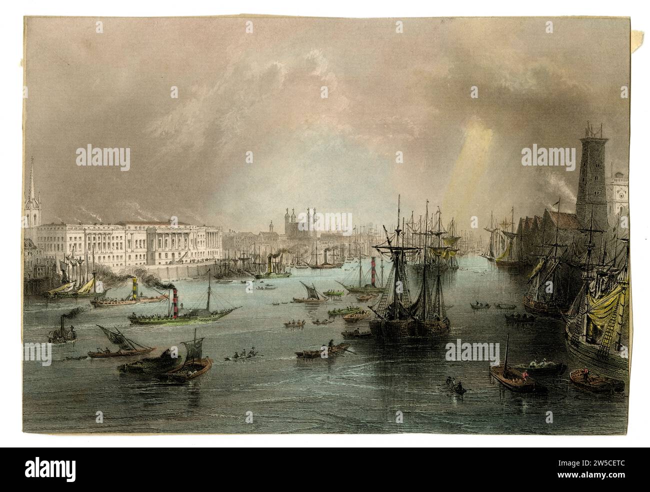 Coloured steel engraving of the Pool of London, including the Tower of London from the south-west, mid-19th century, Britain Stock Photo