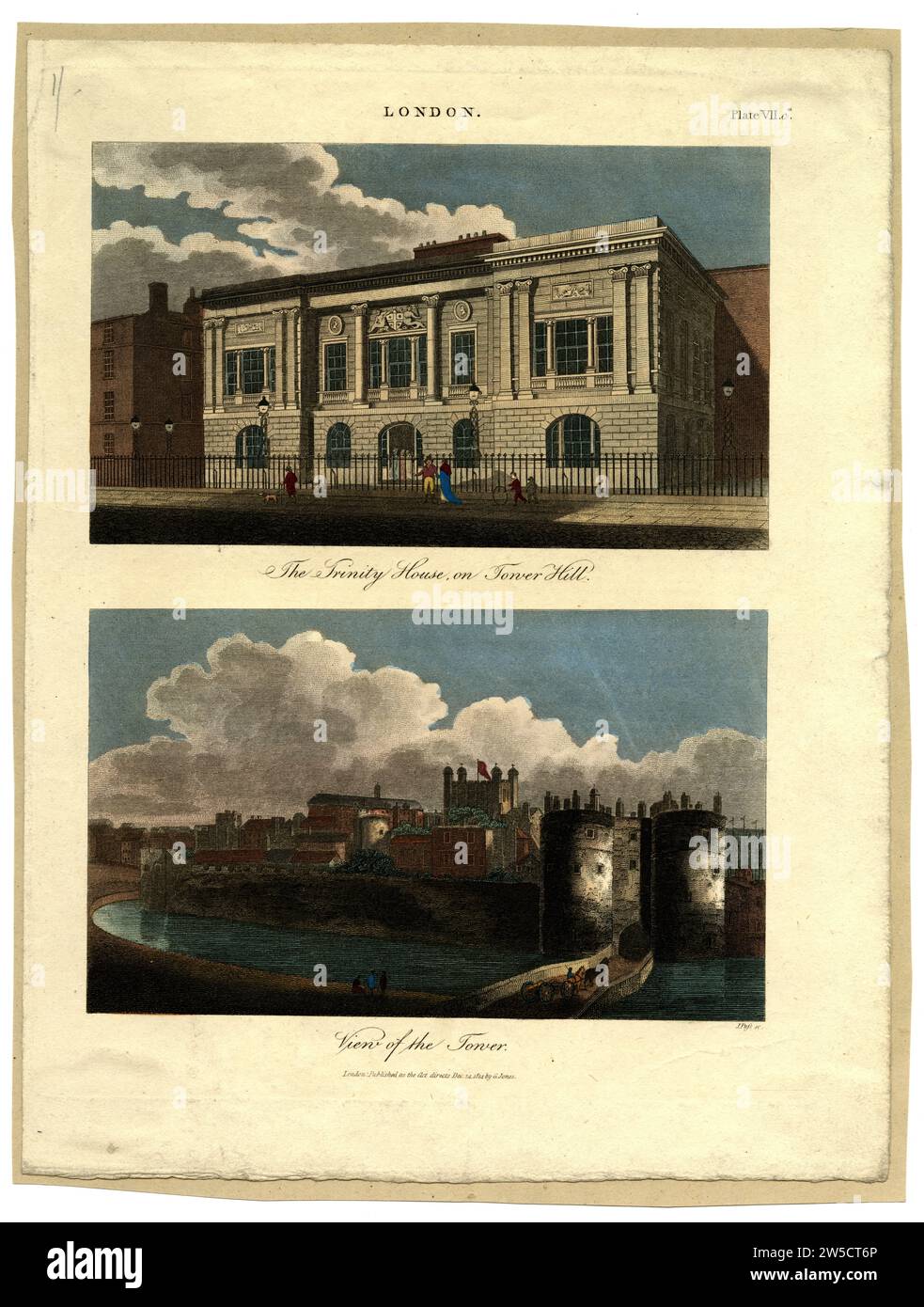 Print engravings entitled, 'The Trinity House, on Tower Hill' and ' View of the Tower' early 19th century, Britain Stock Photo