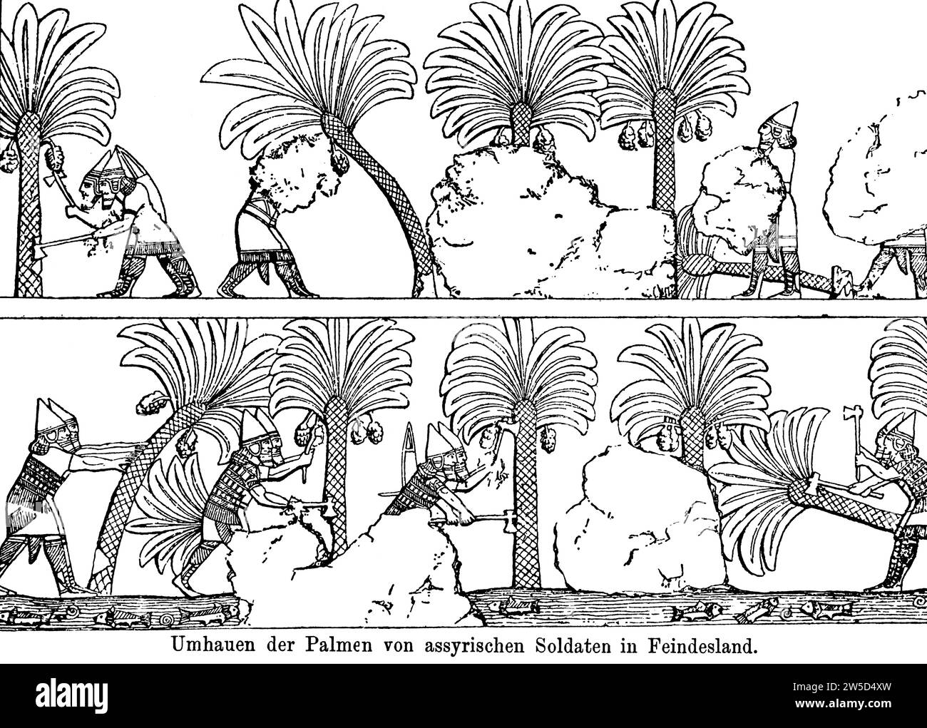 Cutting down palm trees by assyrian soldiers in enemy territory