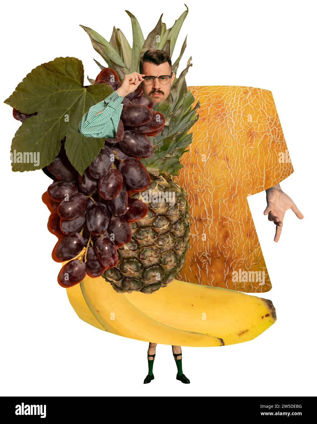 Serious man standing with body covered with different fruits, banana, grapes, pear and pineapple over white background. Contemporary art collage. Stock Photo