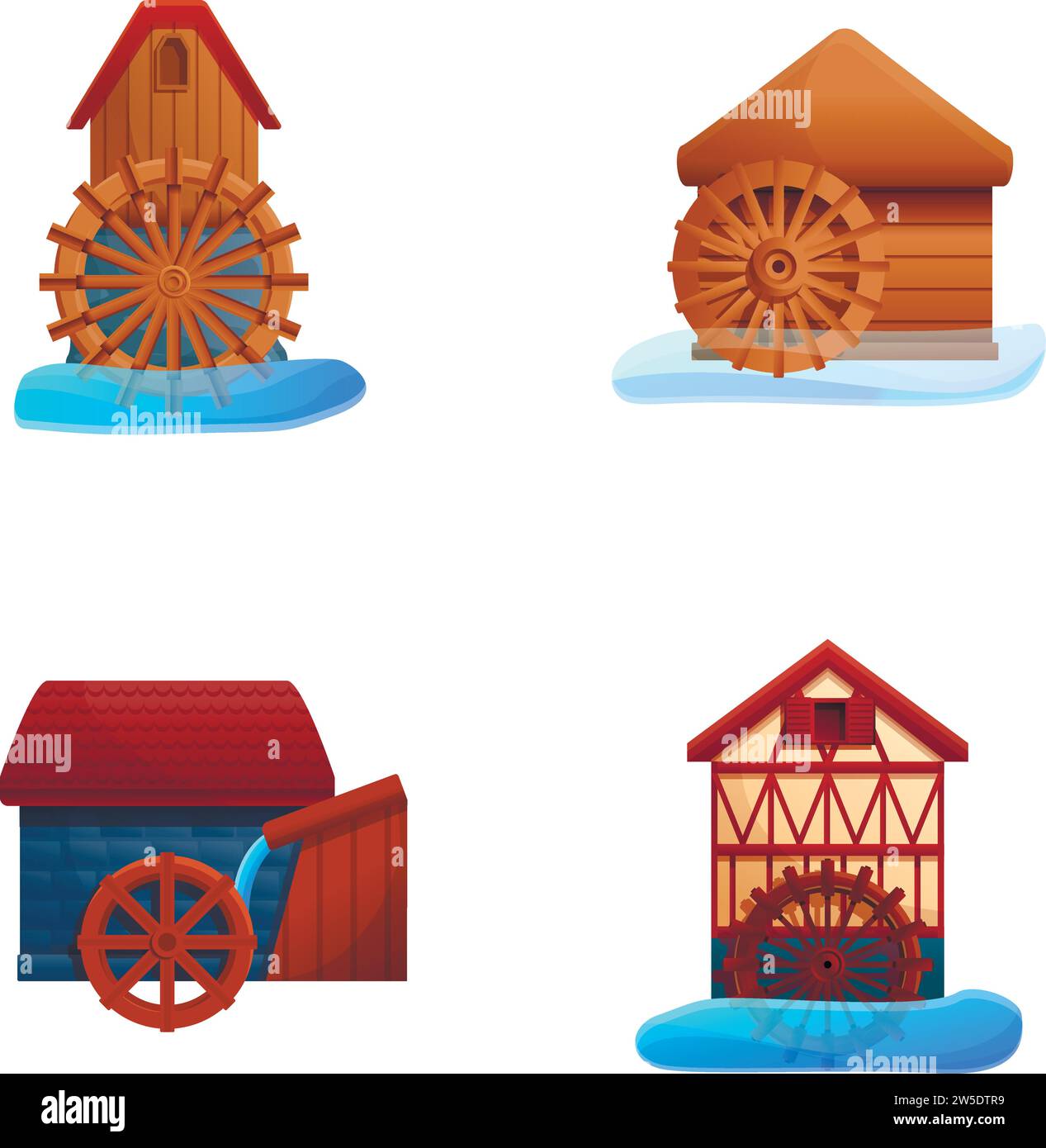 Old watermill icons set cartoon vector. Wooden structure uses river