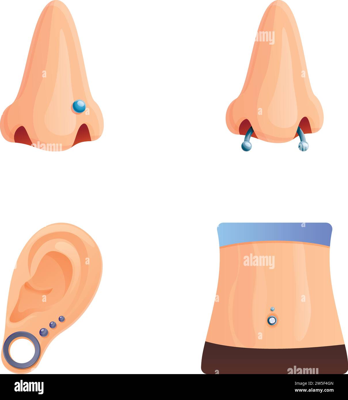 Body piercing icons set cartoon vector. Piercing of various body part. Modification human body Stock Vector