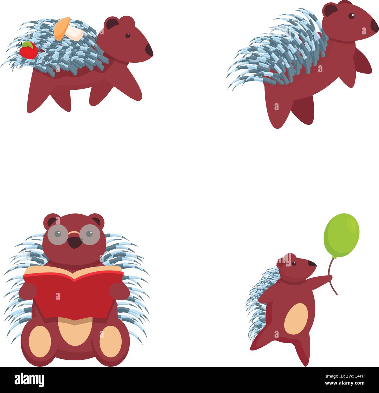 Porcupine icons set cartoon vector. Funny porcupine doing various activity. Cartoon character Stock Vector
