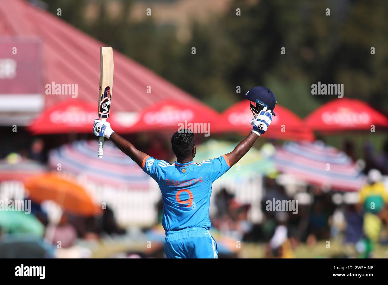 PAARL, SOUTH AFRICA - 21 DECEMBER 2023: Sanju Samson of India celebrates reaching his century during the 3rd ODI between South Africa and India held at Boland Park in Paarl, South Africa on 21 December 2023. Photo by Shaun Roy/Alamy Live News Stock Photo