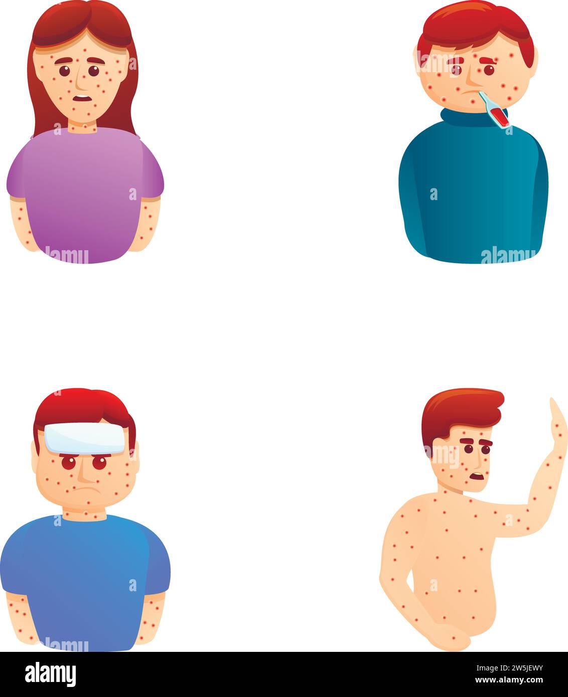 Sick human icons set cartoon vector. People with itchy, blistered skin. Viral disease, illness Stock Vector
