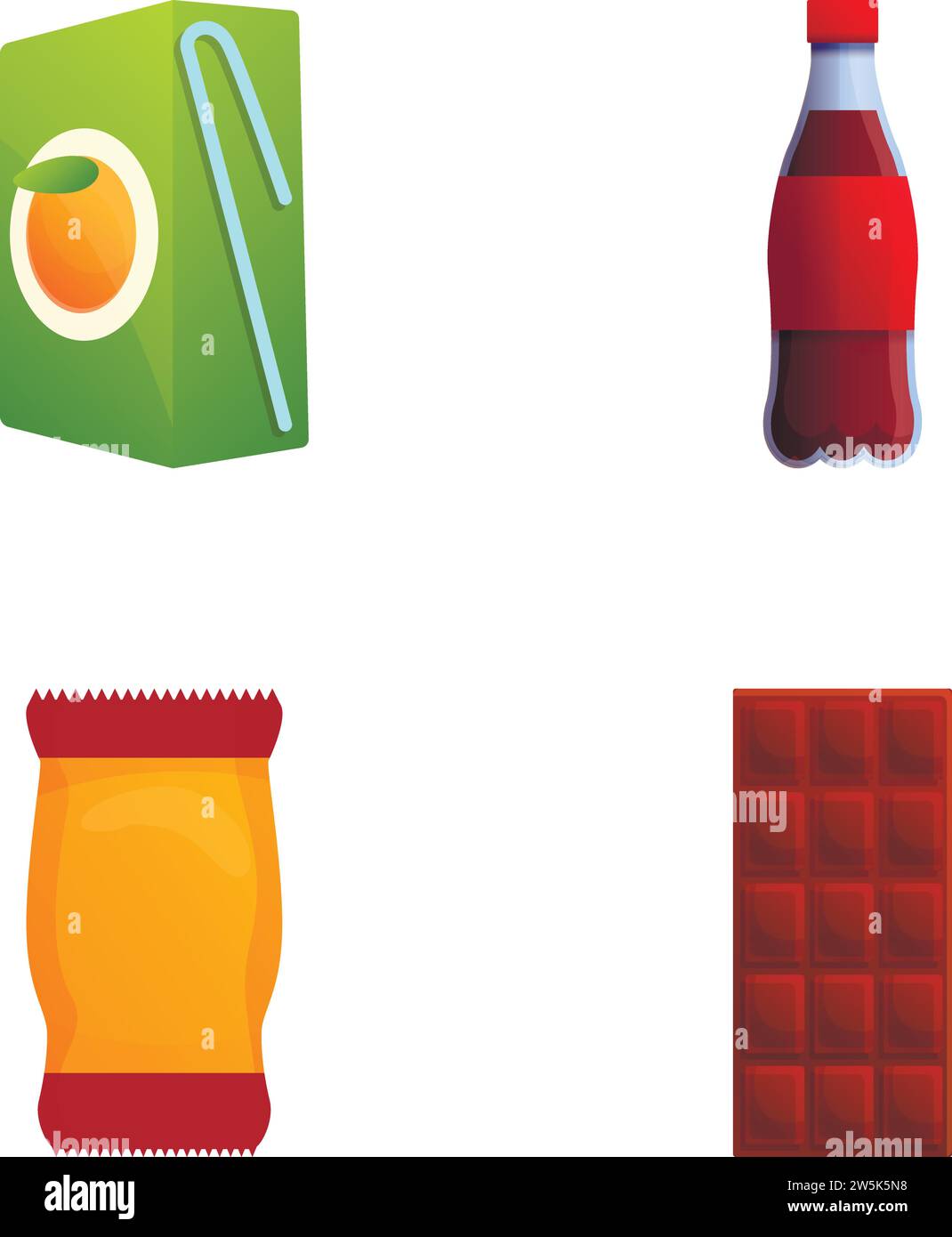 Snack icons set cartoon vector. Chocolate, packet of cookies and drink. Food and beverage Stock Vector