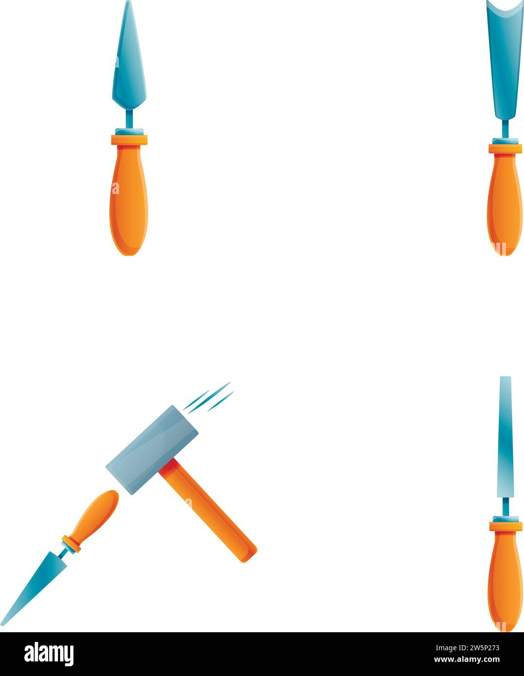 Repair tool icons set cartoon vector. Metal hammer and chisel