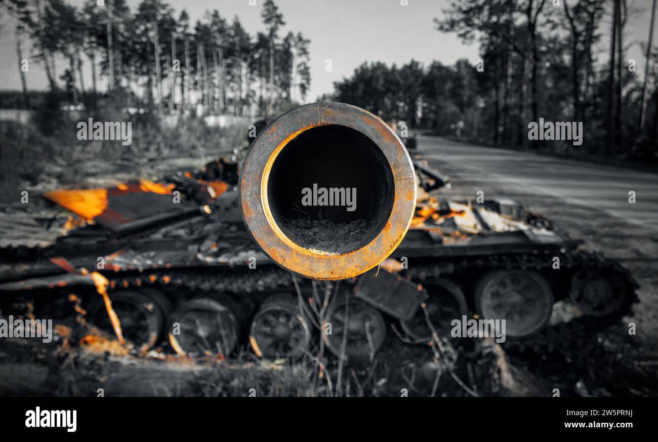 Close up of the barrel of a destroyed Russian tank during the military invasion of Ukraine. Ukraine war. Stock Photo
