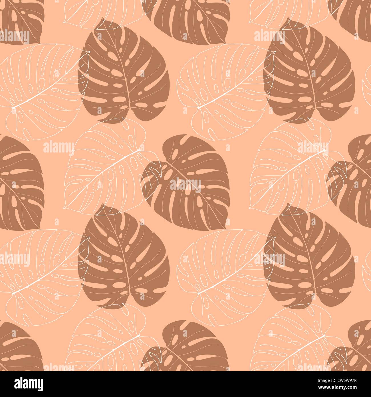 Monstera pattern leaves doodle , white contour color and color trend year 2024 peach fuzz. Vector illustration Stock Vector