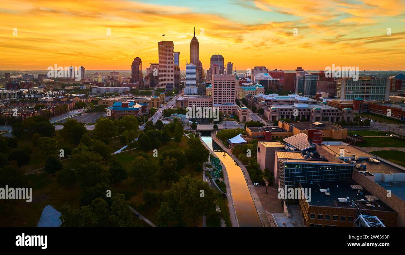 Aerial Indianapolis Skyline at Sunset with River Reflection Stock Photo