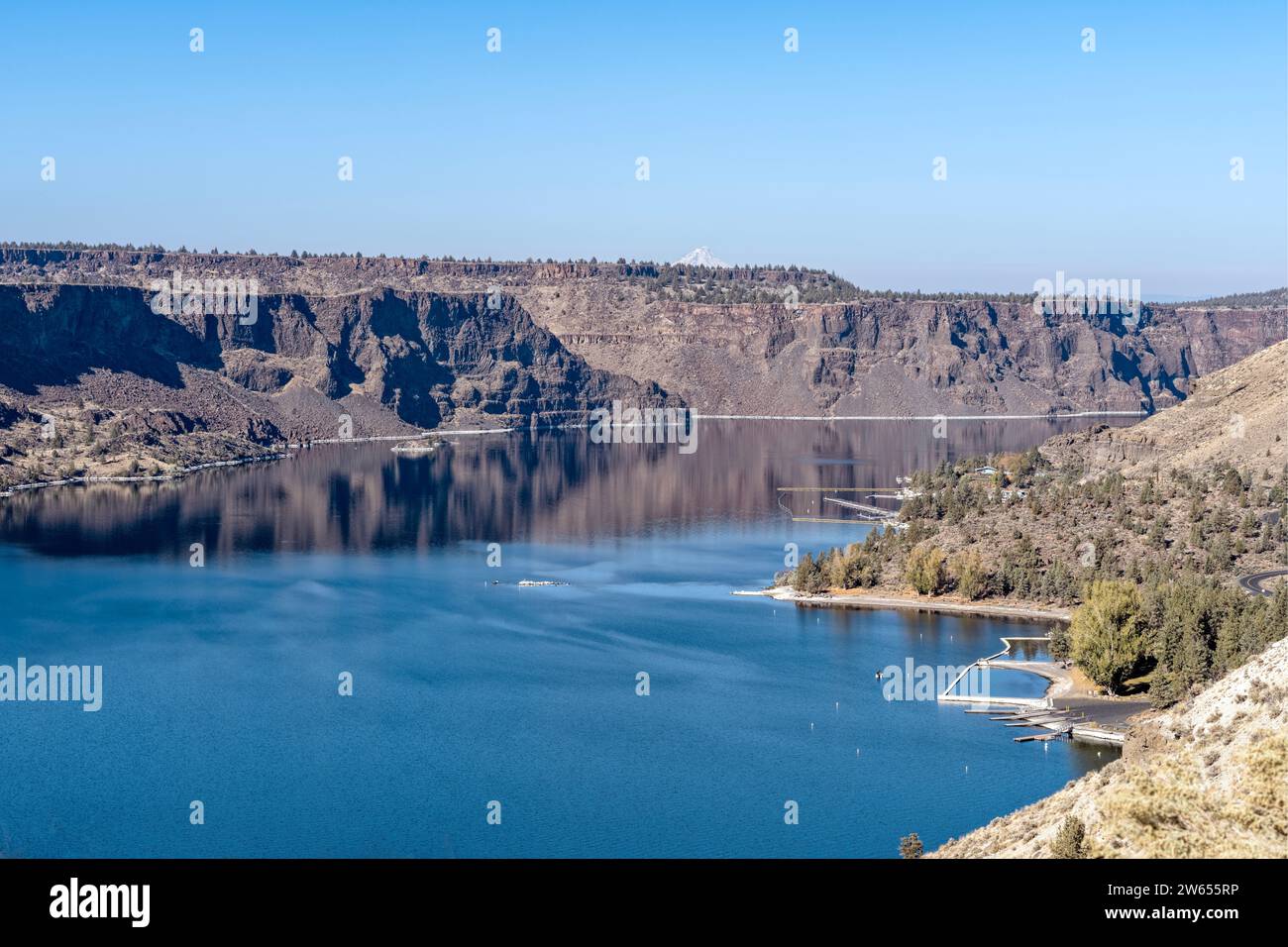 Aerial view of the boat launch and marina off season at Cove Palisades State Park in Oregon, USA