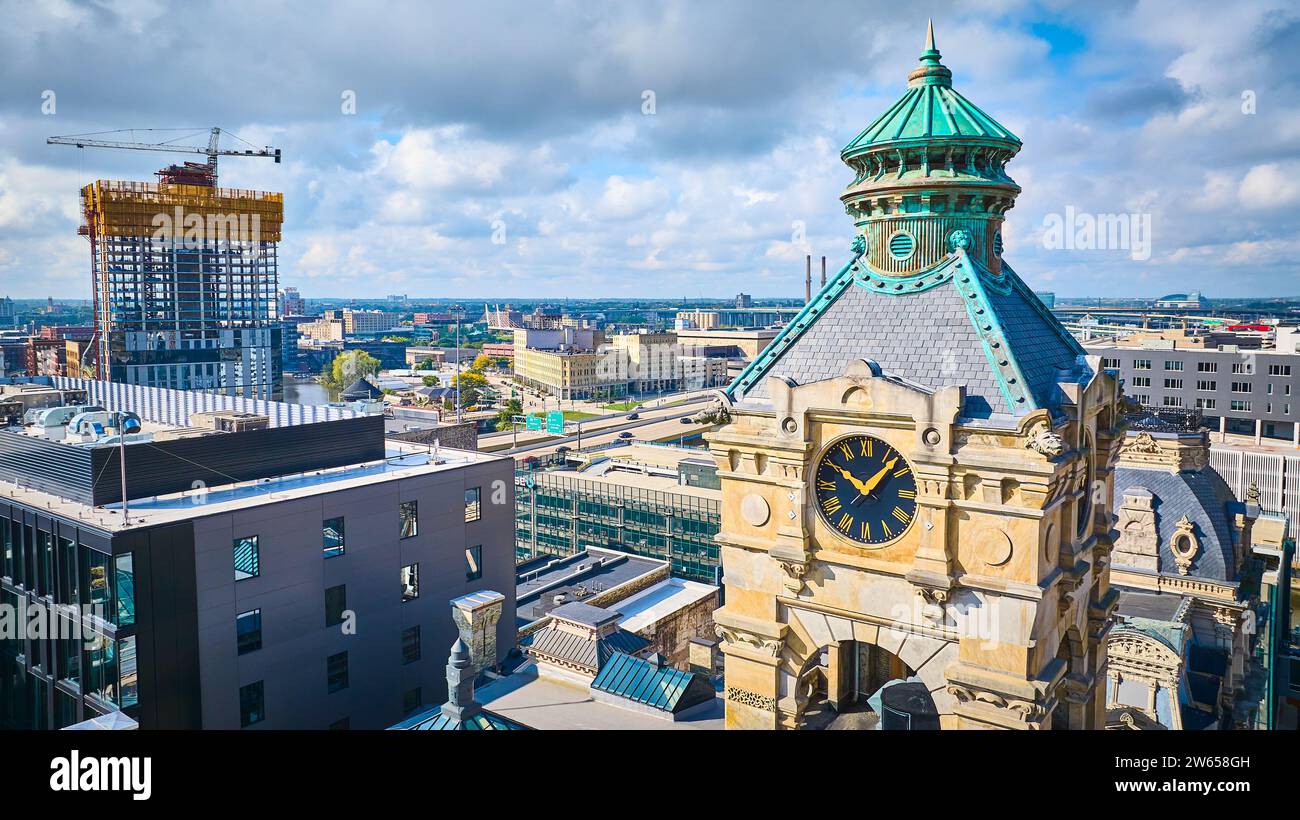Aerial View of Historical Clock Tower Amidst Urban Construction