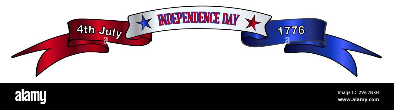 A red white and blue satin or silk ribbon banner with the text Independence Day with date and year Stock Photo