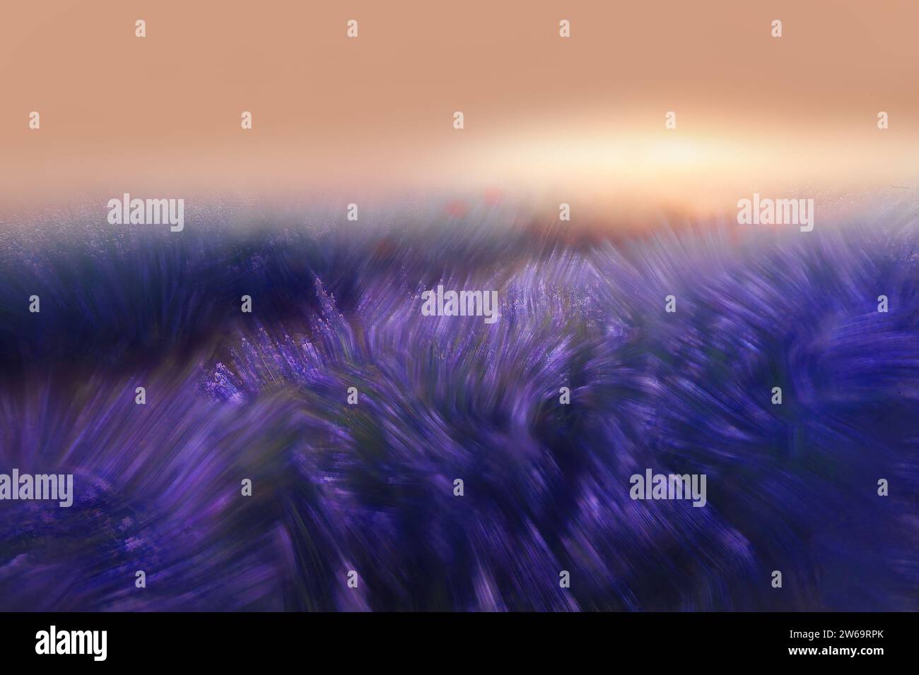 A vibrant abstract image capturing a motion blur effect that resembles a dynamic landscape with purple and orange hues Stock Photo