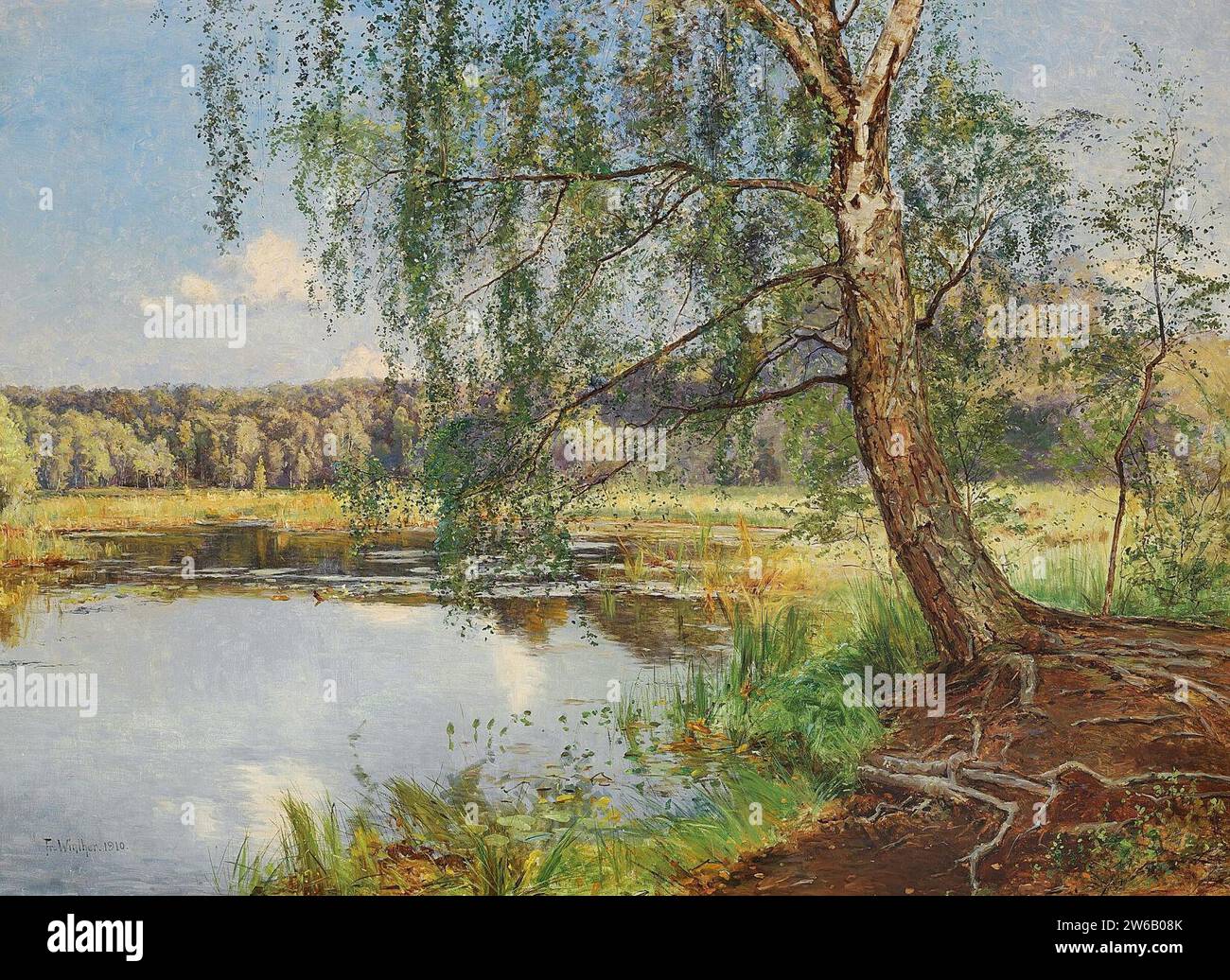 Frederik Winther - Sommerdag med stort birketræ ved en sø i skovens udkant - 1910. Stock Photo