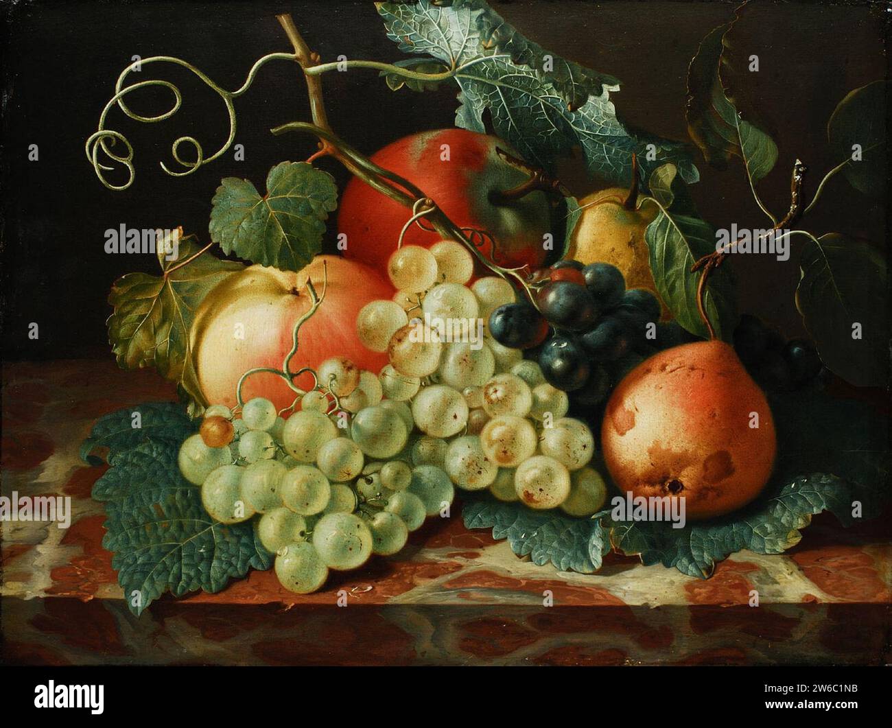 Johann Amandus Winck - Früchtestillleben mit Äpfeln, Birnen und Weintrauben auf Marmorplatte. Stock Photo