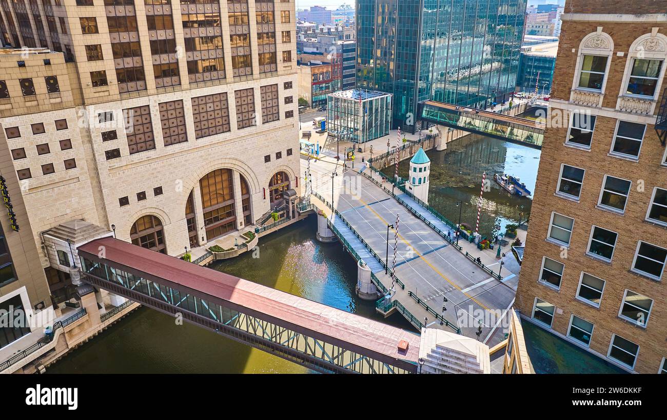 Aerial Urban Bridge and Architecture Contrast, Milwaukee River Stock Photo