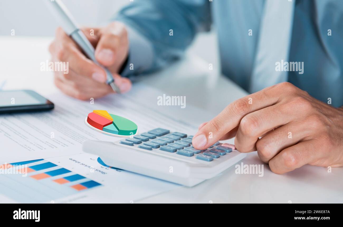 Businessman Summary report plan finance with calculate about cost at