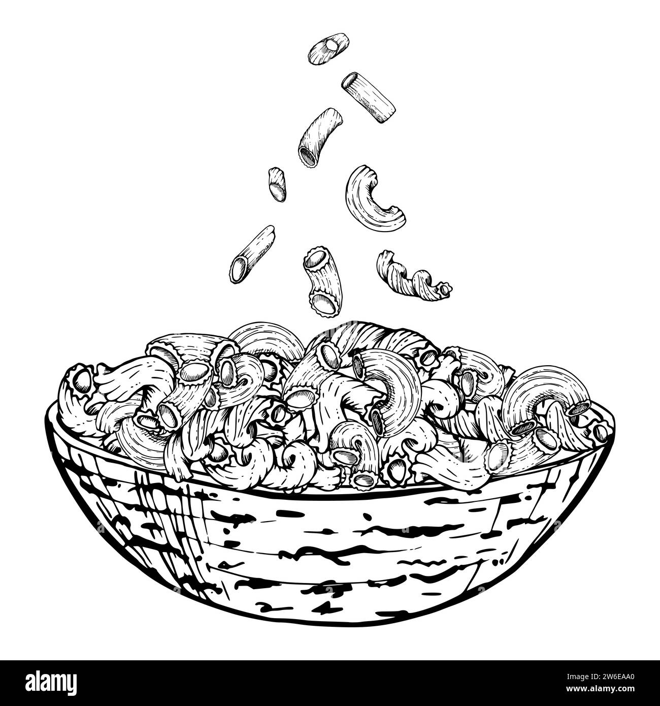 Hand drawn vector ink illustration. Pasta Italian cuisine dish elbows ...