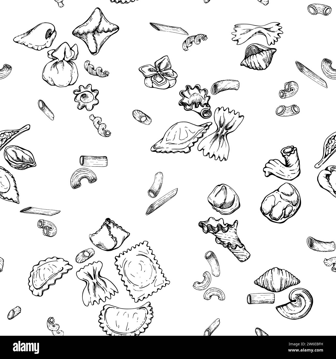 Hand drawn vector ink illustration. Different types of pasta Italian ...