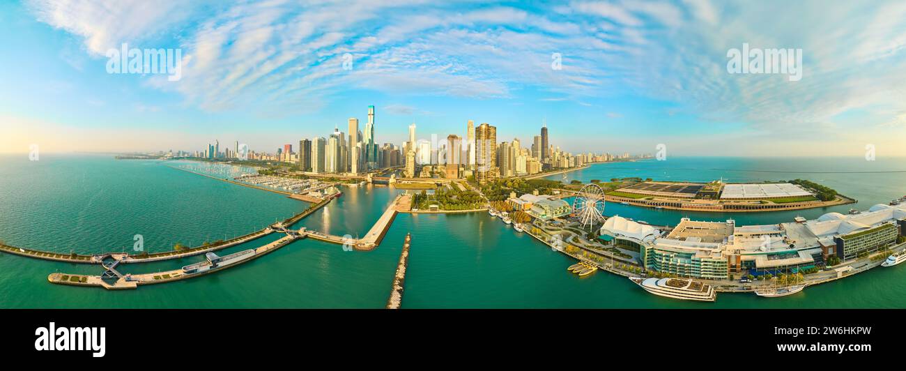 Aerial Chicago Skyline at Golden Hour with Marina and Ferris Wheel ...