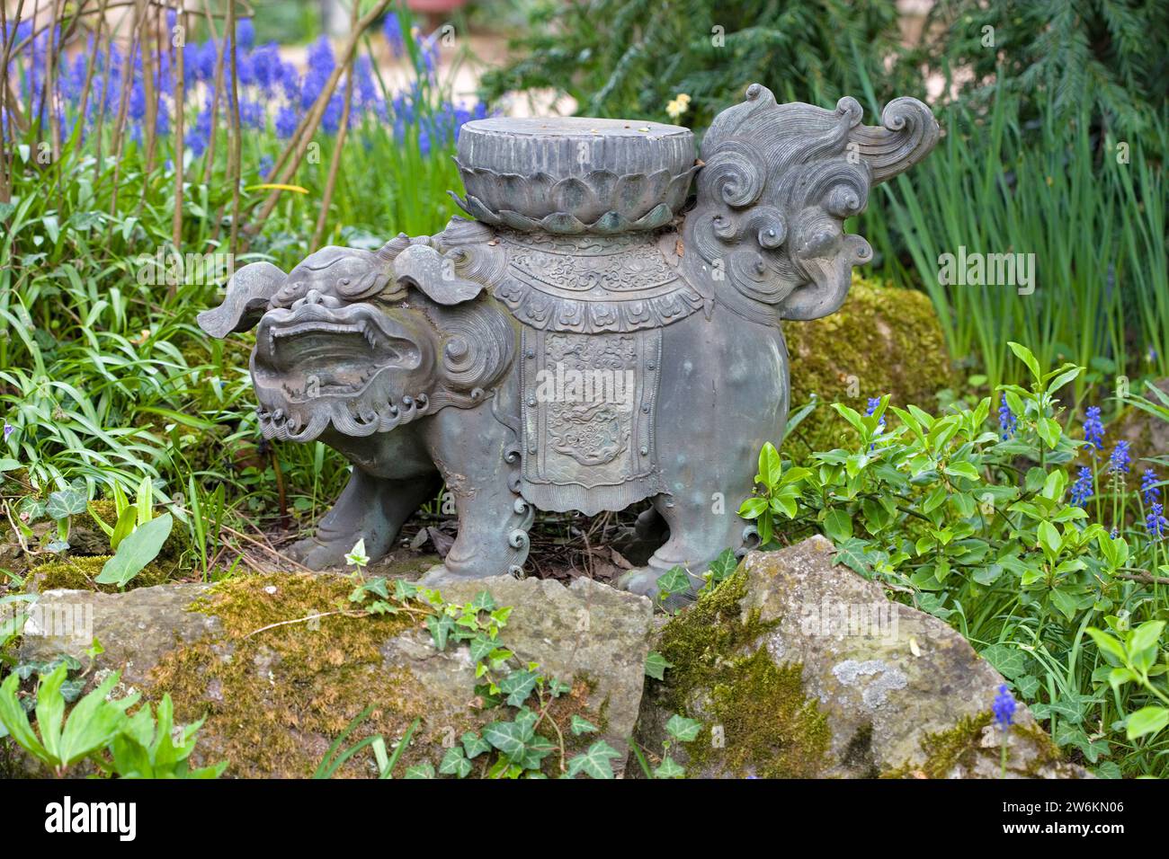 Statue in the Japanese Garden, Leverkusen, North Rhine-Westphalia, Germany, Europe Stock Photo