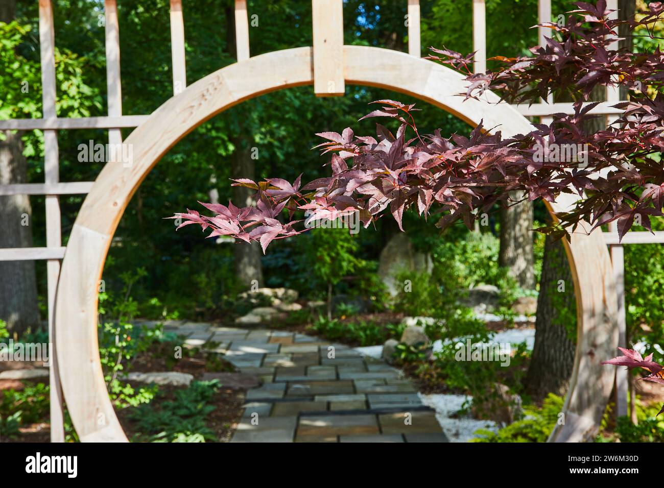 Serene Garden Path with Wooden Archway and Japanese Maple Stock Photo ...