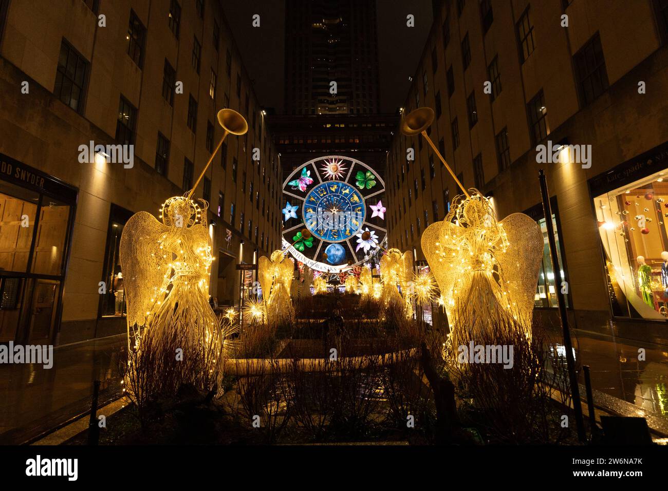 Looking from Rockefeller Center towards Christian Dior and Sak's Fifth Avenue's Carousel of Dreams at night. Stock Photo