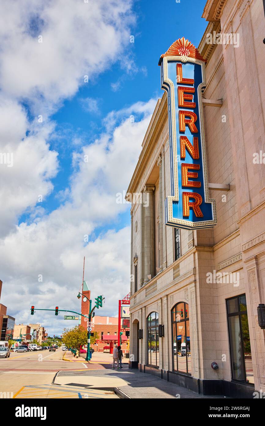 Lerner Theater Marquee and City Street Scene, Elkhart Stock Photo