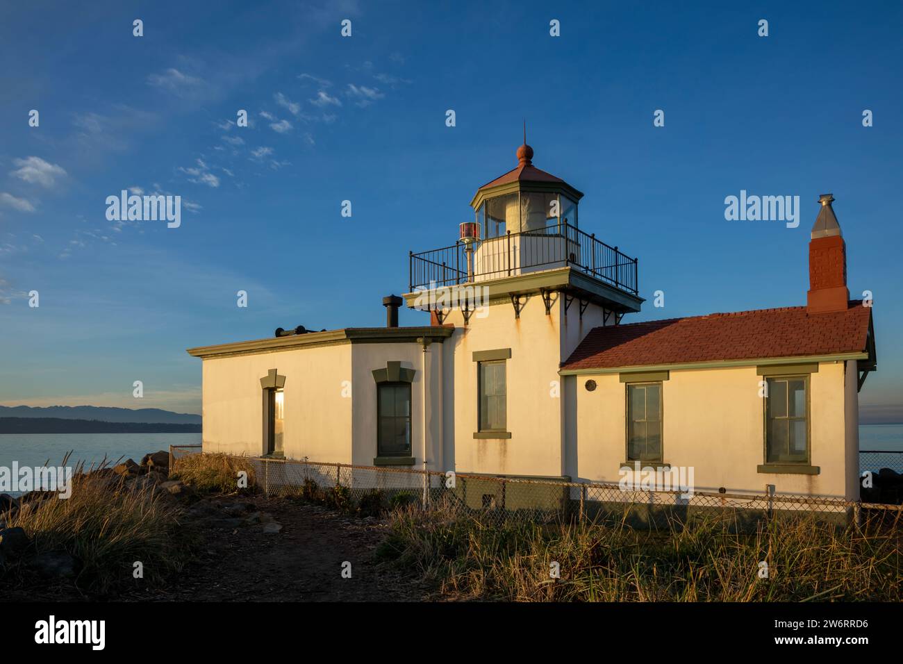 WA23882-00...WASHINGTON - West Point lighthouse located on the Salish Sea, (Puget Sound), in Seattle's Discovery Park. Stock Photo