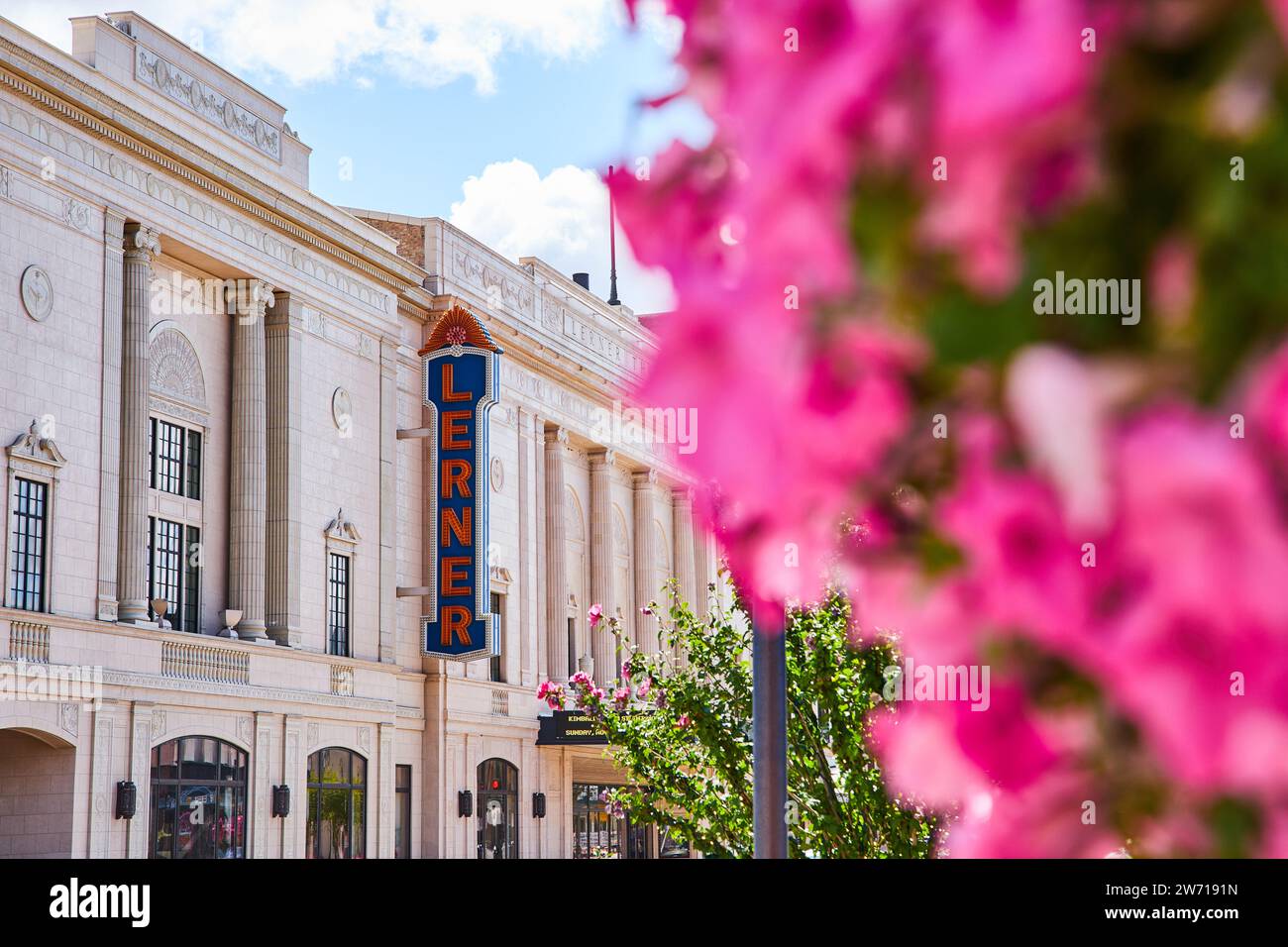 Elegant Historic Lerner Theater Facade with Spring Flowers Stock Photo
