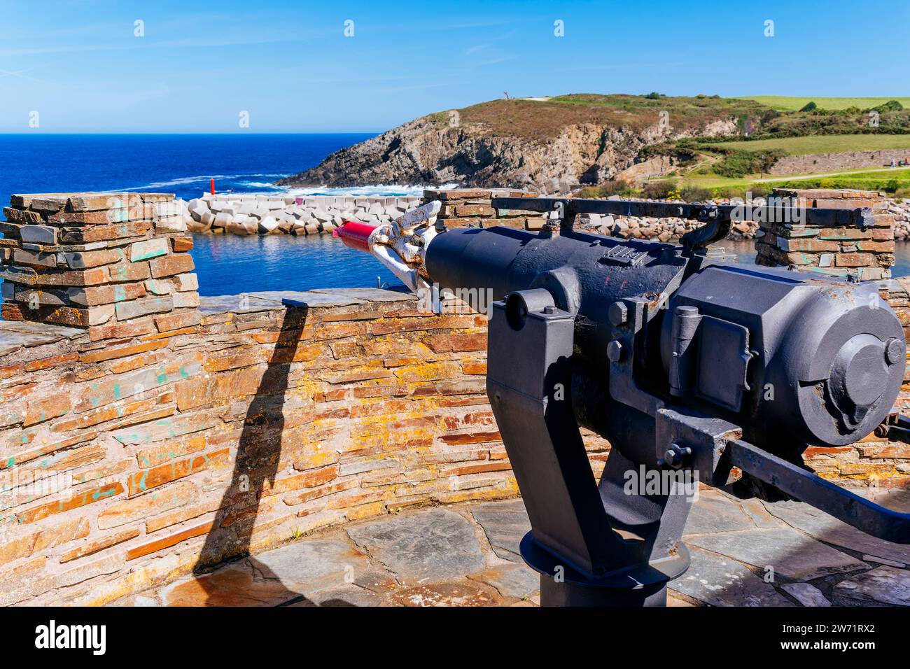 Whaling harpoon. The Mirador de la Riba commemorates the village's whaling past. Puerto de Vega, Navia, Principality of Asturias, Spain, Europe Stock Photo