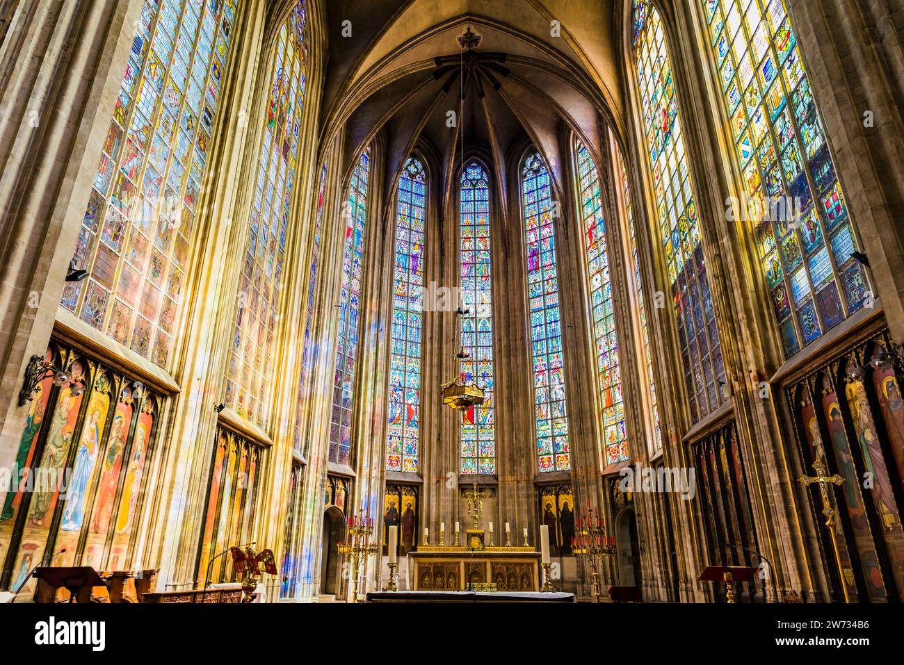 Main altar. Church of Our Blessed Lady of the Sablon is a Roman Catholic church located in the Sablon-Zavel district, in the historic centre. It is de Stock Photo