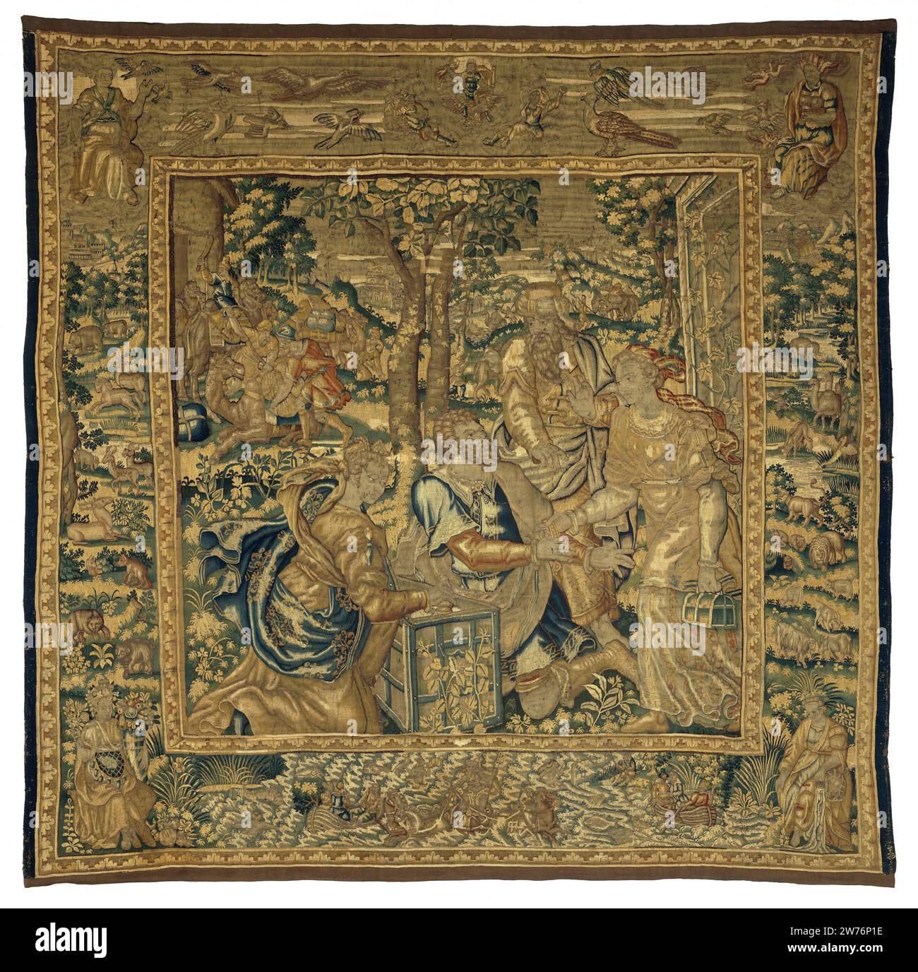Eliezer hands gifts to Rebekka, Anonymous, c. 1575 - c. 1600 Wall carpet with Eliezer and Rebecca's mother who ask Rebecca to follow Eliezer (Gen. 24:58), from a series of tapestries with the history of Rebecca and Eliezer (Gen.24) with edges with animals and the four elements in the corners; With the weaver brand of Willem de Kempenere. Brussels Ketting: Wool. Entry: Wool. Entry: Silk tapestry Wall carpet with Eliezer and Rebecca's mother who ask Rebecca to follow Eliezer (Gen. 24:58), from a series of tapestries with the history of Rebecca and Eliezer (Gen.24) with edges with animals and the Stock Photo