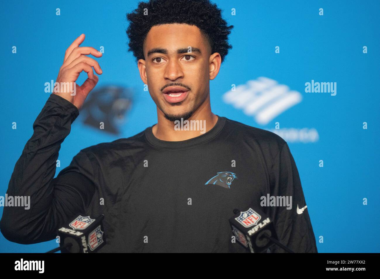 Carolina Panthers quarterback Bryce Young talks during the post game ...