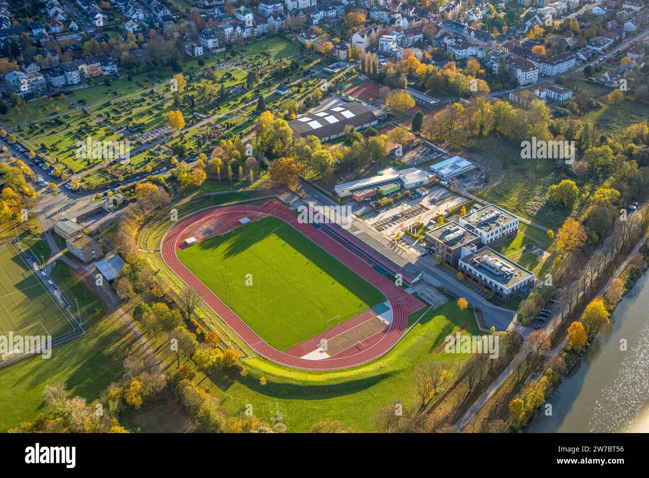Aerial view, Jahnstadion, soccer pitch and athletics stadium, Reha Bad Hamm clinic, Ostenfriedhof cemetery and Jewish cemetery burial ground, Tus Kita Stock Photo