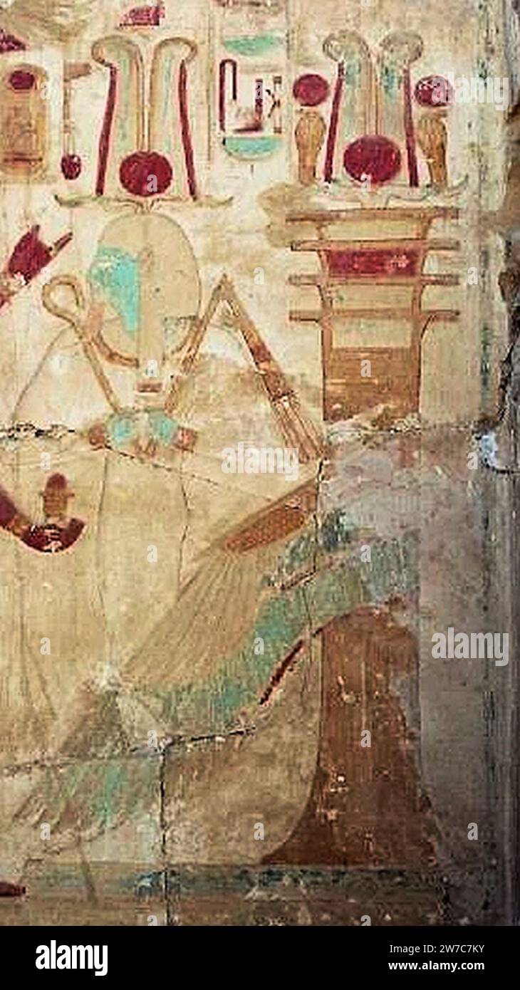 Winged djed pillar behind Osiris (Temple of Ramses II at Abydos). Stock Photo