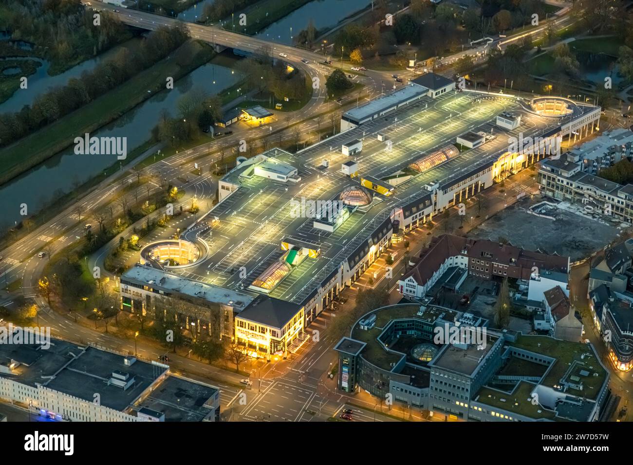 Aerial view, night shot of the Allee-Center Hamm shopping center in the city center, Hamm, Ruhr area, North Rhine-Westphalia, Germany, Evening, Allee- Stock Photo