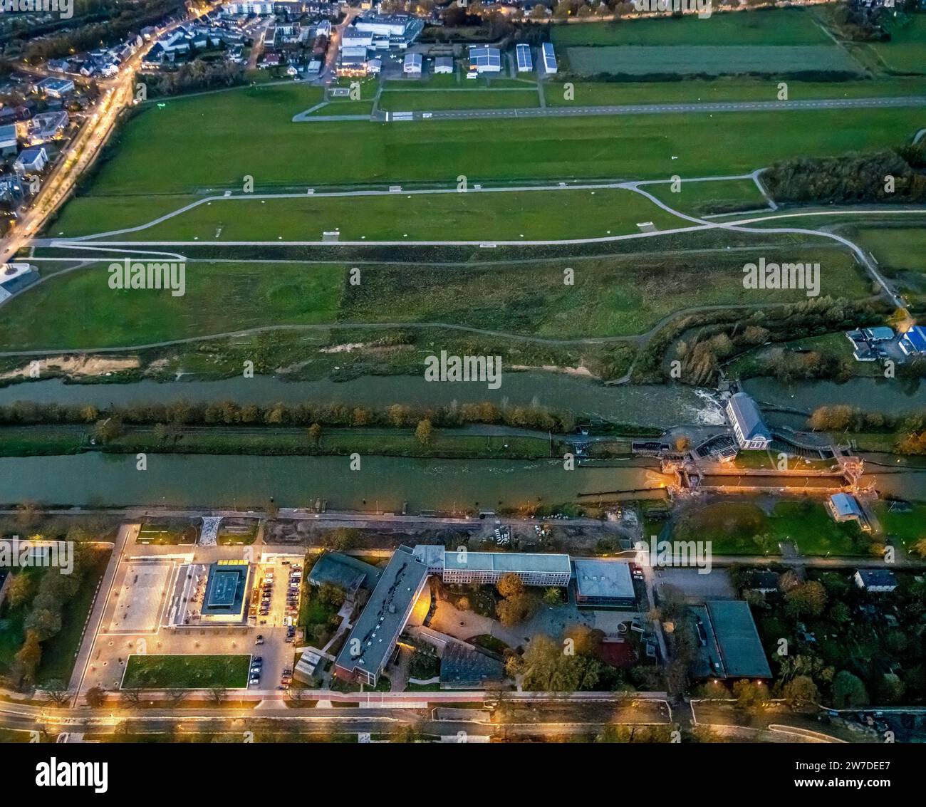 Aerial view, Hammonense grammar school and Adenauerallee water sports center, Lippewiese recreational area and airport on the Datteln-Hamm Canal, Hees Stock Photo