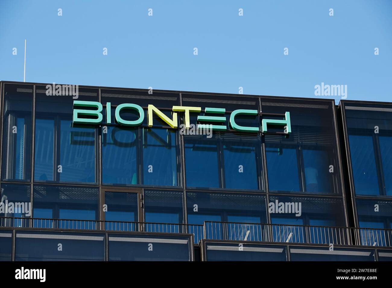 21.09.2023, Germany, Berlin, Berlin - The logo of the German biotechnology company BioNTech on the faÁade of the VoltAir office complex in Berlin-Mitt Stock Photo