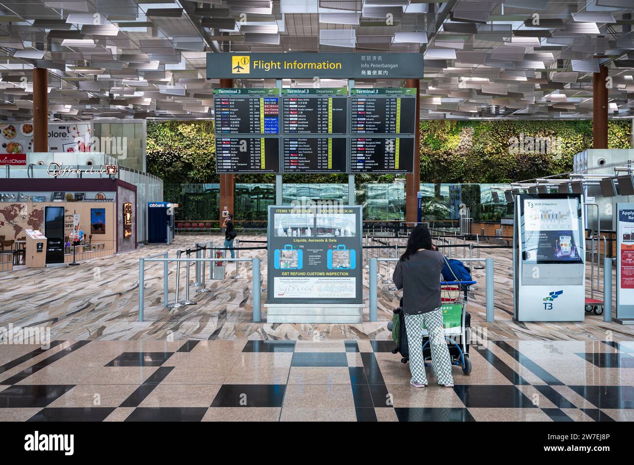 31.07.2023, Singapore, Singapur,  - An interior shot shows an air traveller with luggage in front of a display board with flight information in the mo Stock Photo