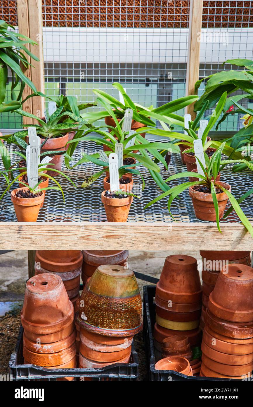 Greenhouse Orchids and Terracotta Pots on Shelves Stock Photo Alamy