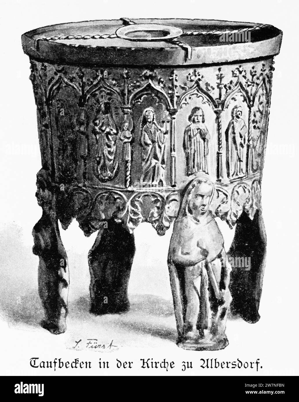 Baptistery in St. Remigius Church of Albersdorf, Dithmarschen, Schleswig-Holstein, Northern Germany, Central Europe, histrorical Illustration 1896 Stock Photo