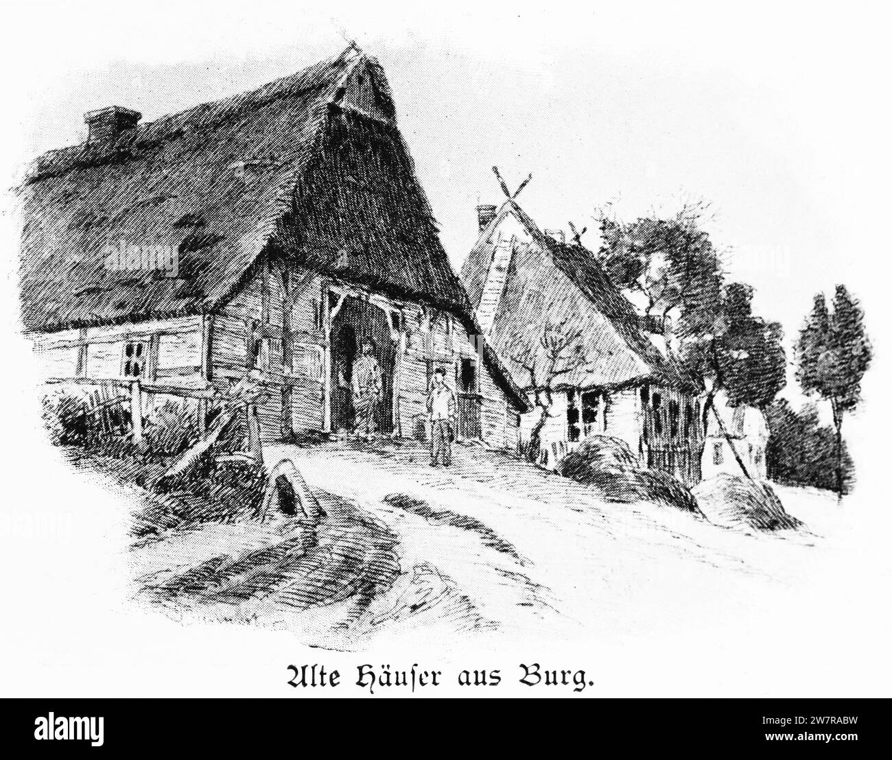 Farm houses in Burg, Dithmarschen, Schleswig-Holstein, Northern Germany, Central Europe, histrorical Illustration 1896 Stock Photo
